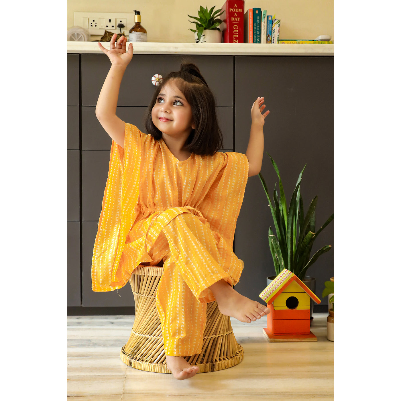 Hand Crafted Shibori on Yellow Kids Kaftan Pyjama Set