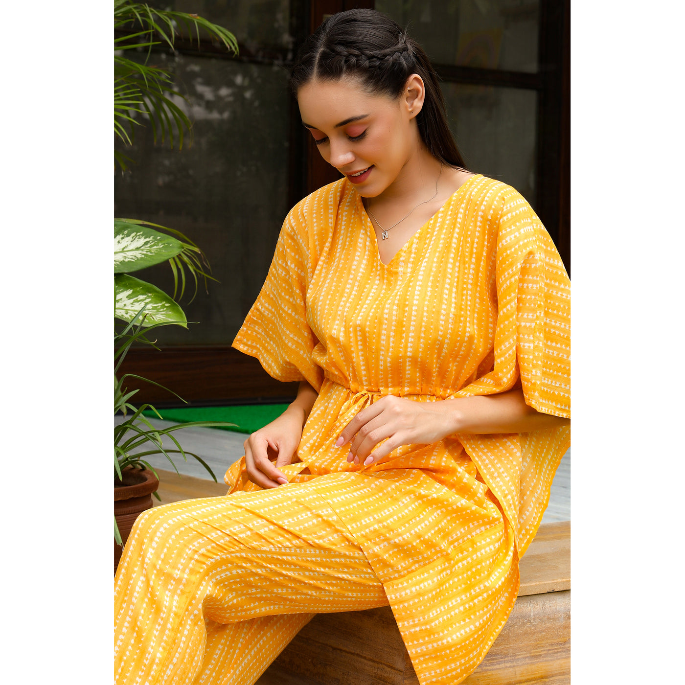 Handcrafted Shibori on Yellow Kaftan Pyjama Set