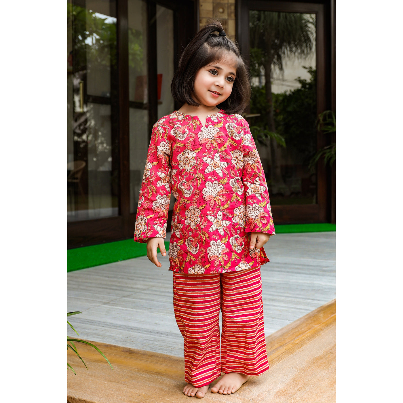 Floral Mosaic with Stripes on Kids Loungewear Set