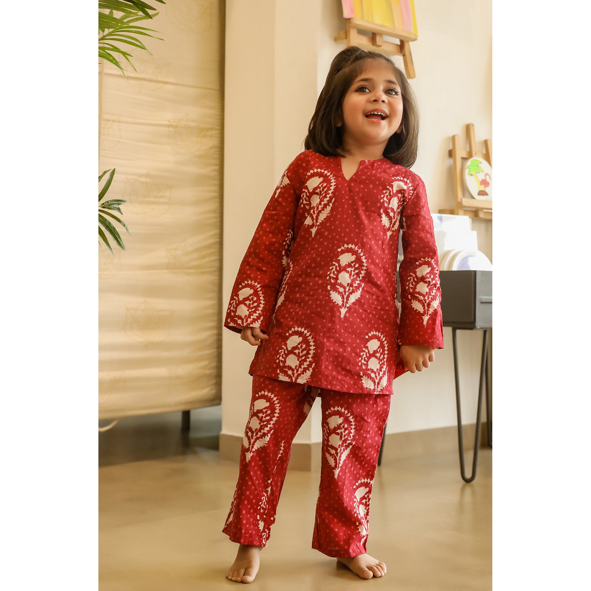 Royal Motifs on Kids Maroon Loungewear Set