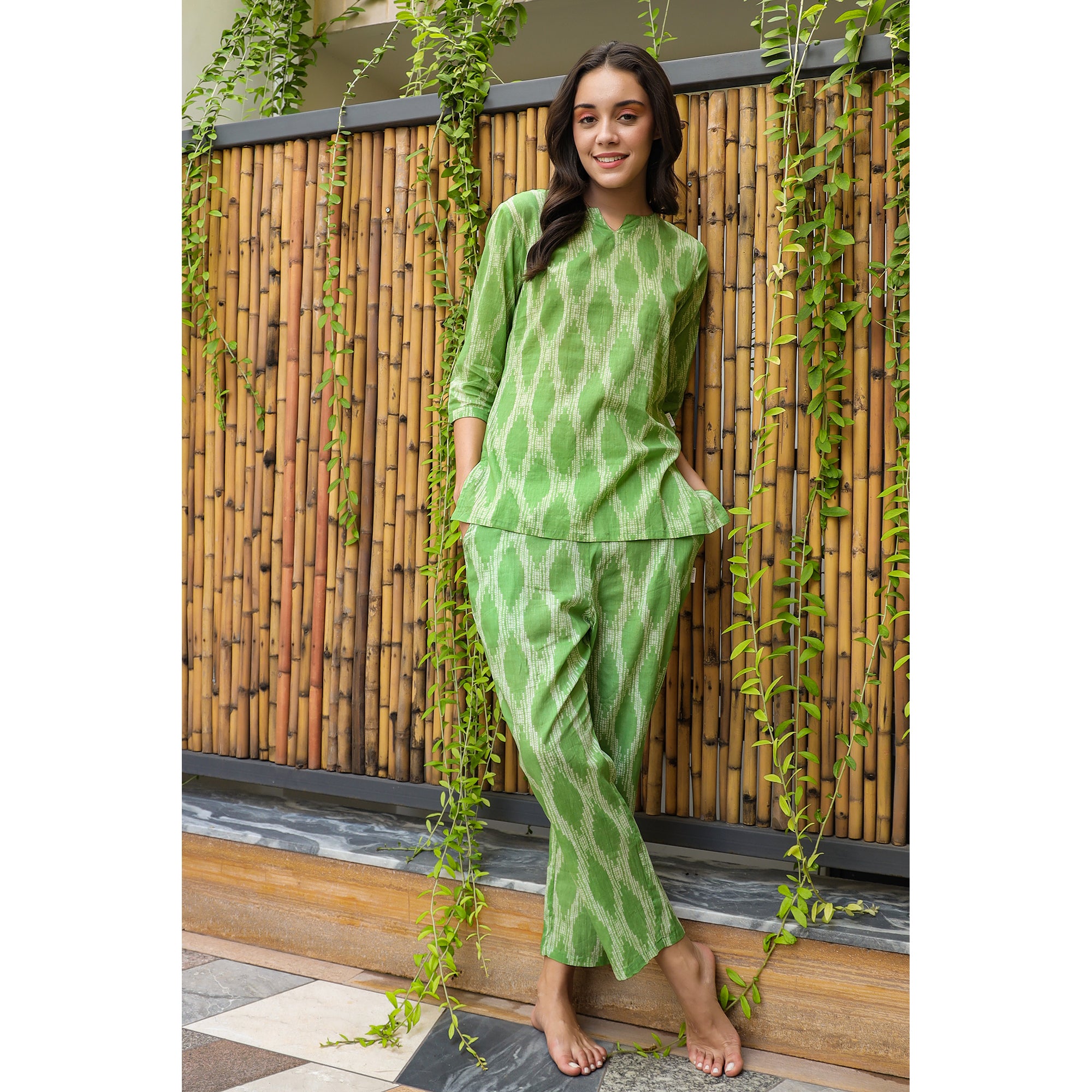 Handcrafted Shibori on Green Loungewear Top Set