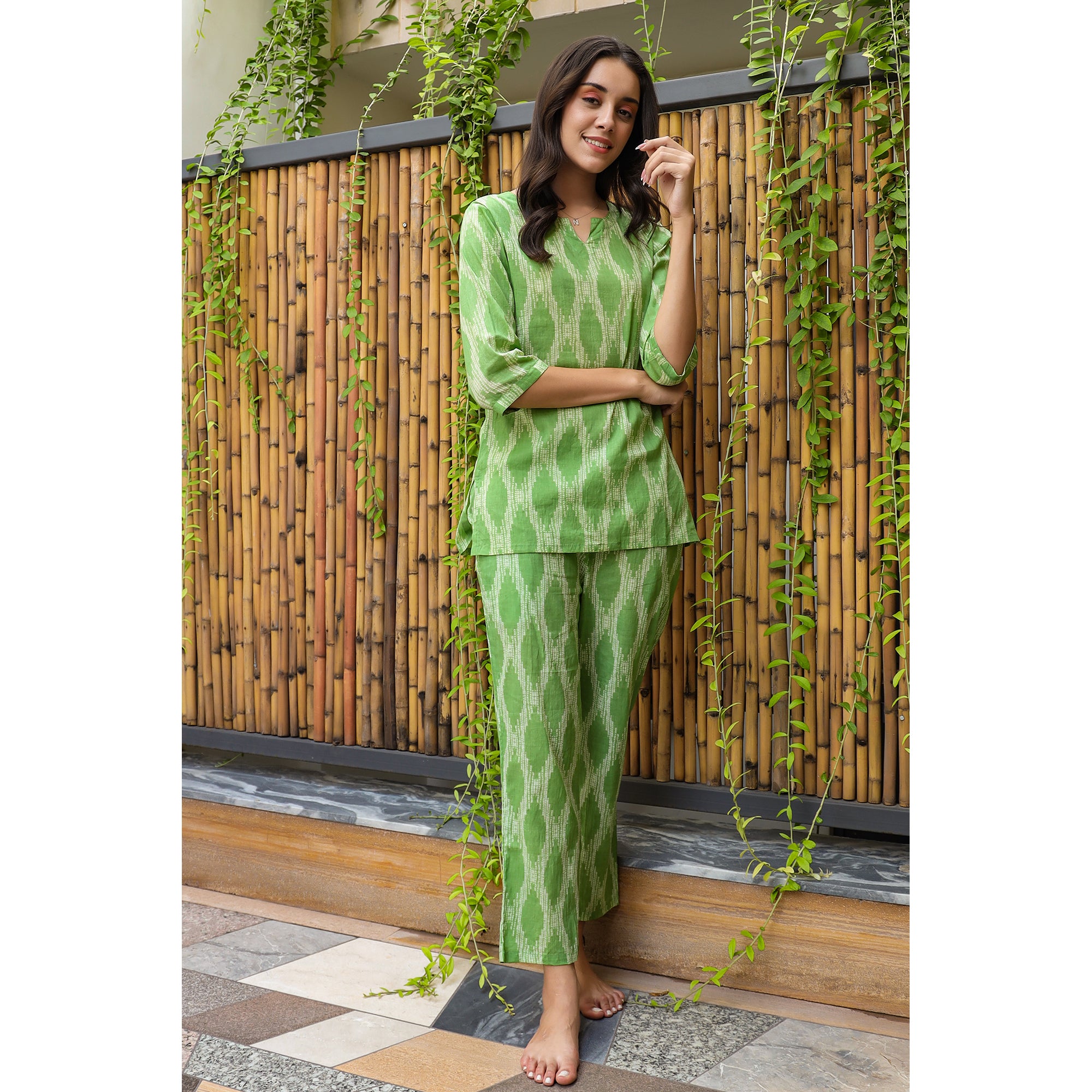 Handcrafted Shibori on Green Loungewear Top Set