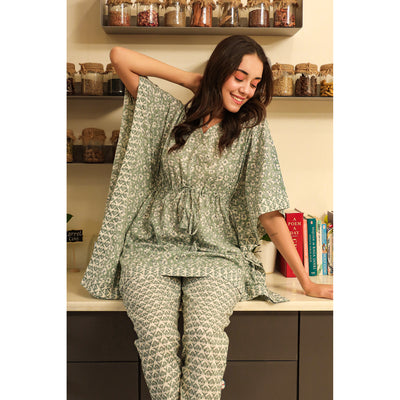 Roseate on Light Green Kaftan Pyjama Set