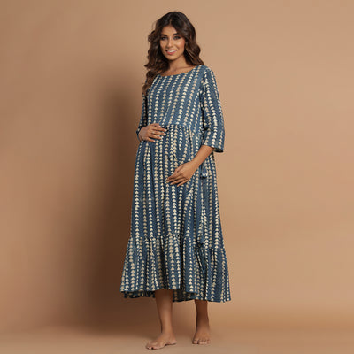 Dabu Print on Indigo Maternity Dress Jisora Jaipur