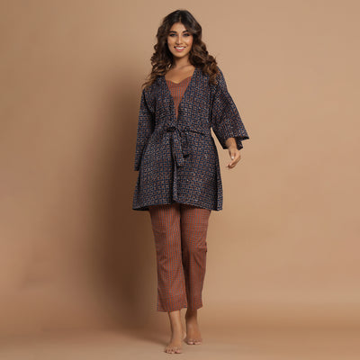 Three Piece Loungewear Set Brown Jisora Jaipur