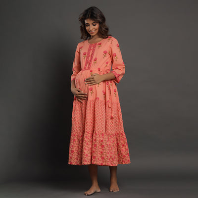 Floral Print on Peach Maternity Dress Jisora Jaipur