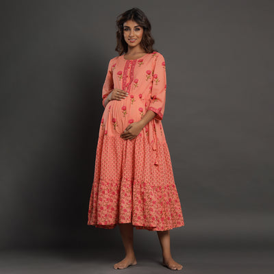 Floral Print on Peach Maternity Dress Jisora Jaipur