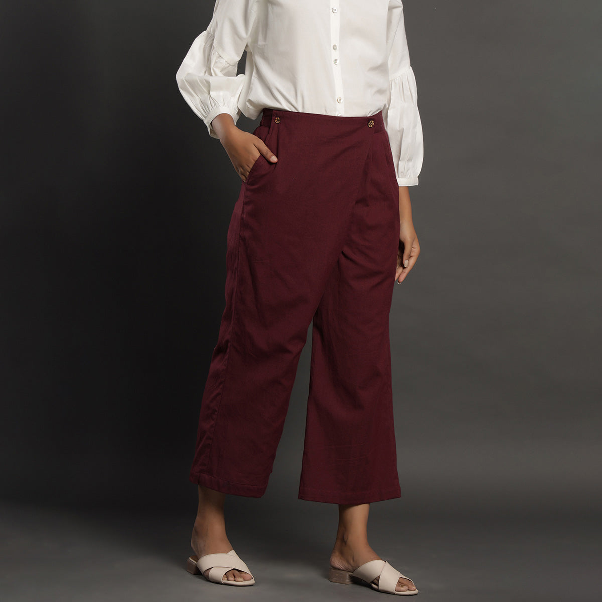 Maroon High Rise Overlap Trouser Jisora Jaipur