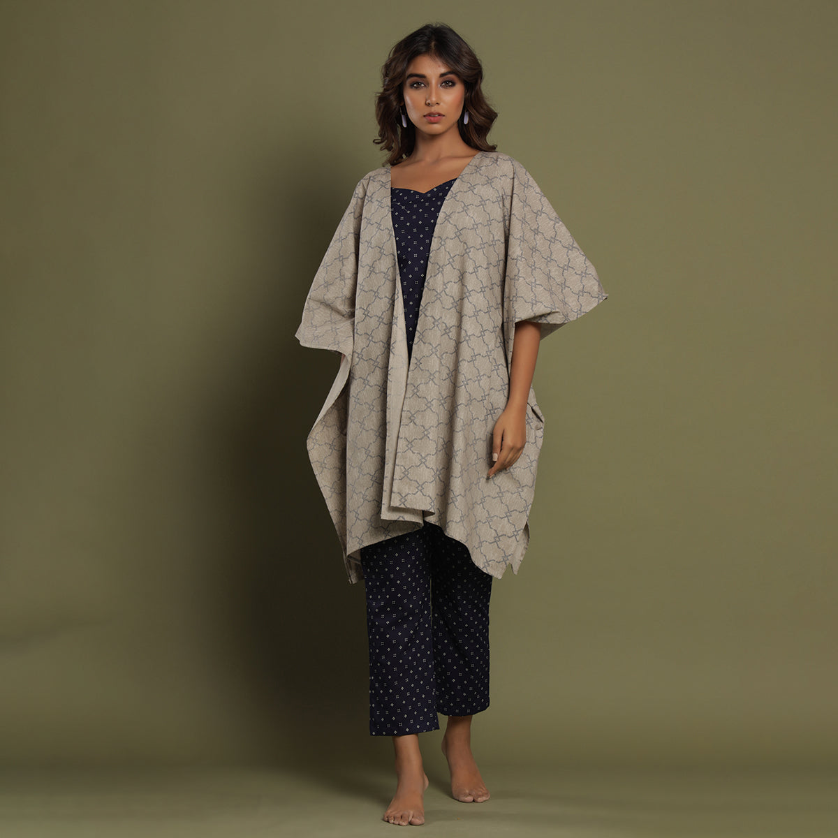 Three Piece Loungewear Shrug Set Grey Jisora Jaipur
