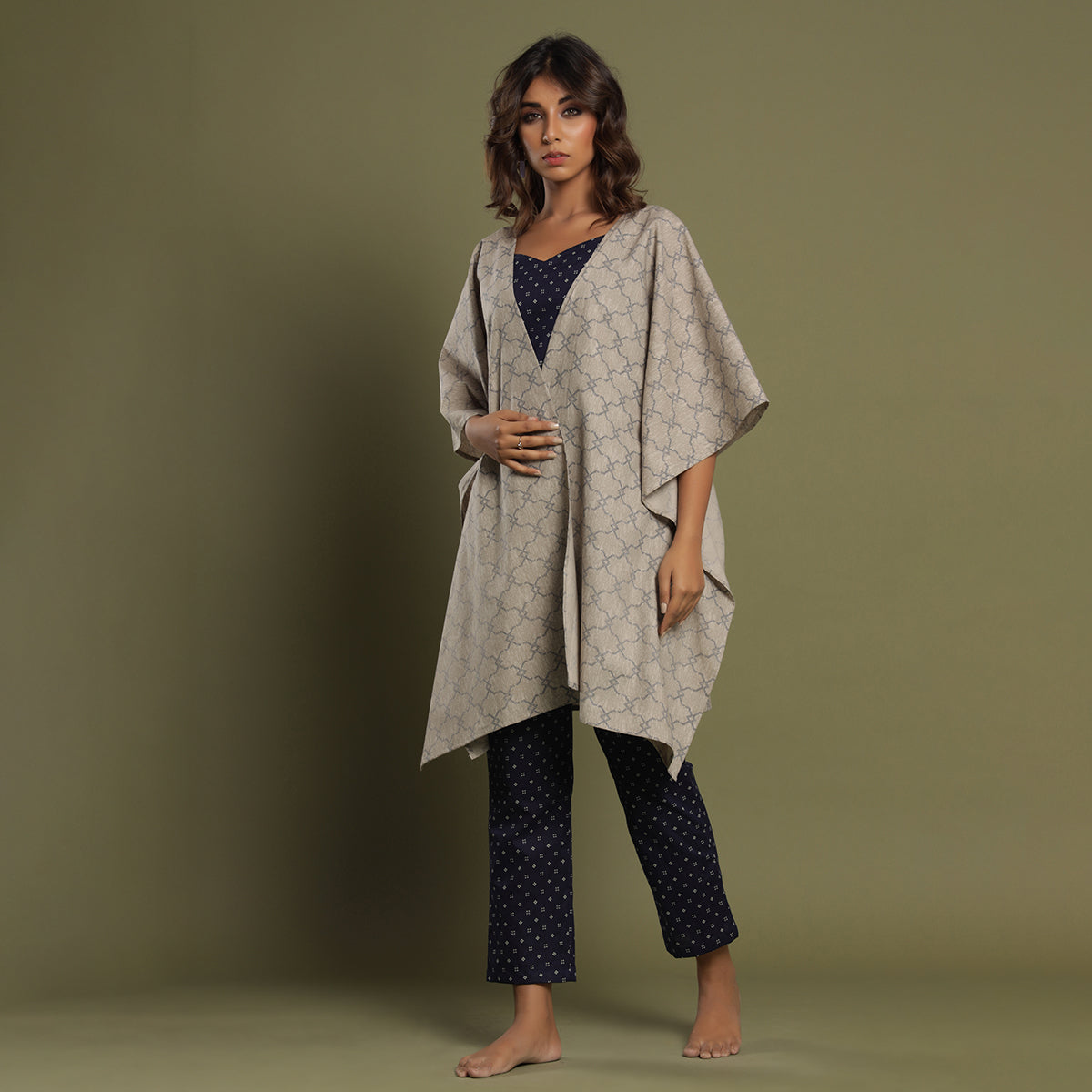 Three Piece Loungewear Shrug Set Grey Jisora Jaipur