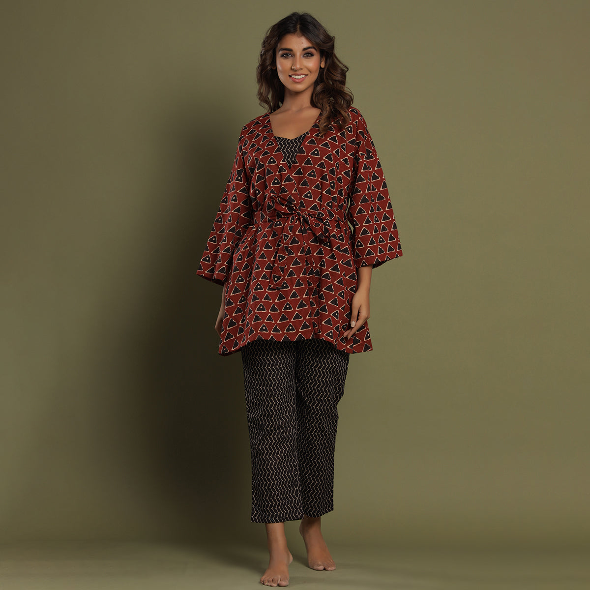 Three Piece Loungewear Set Maroon Jisora Jaipur