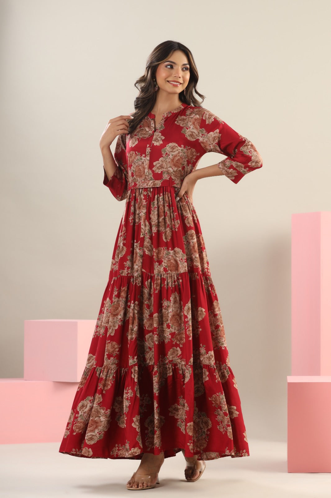 Roses on Red Silk Tier Dress