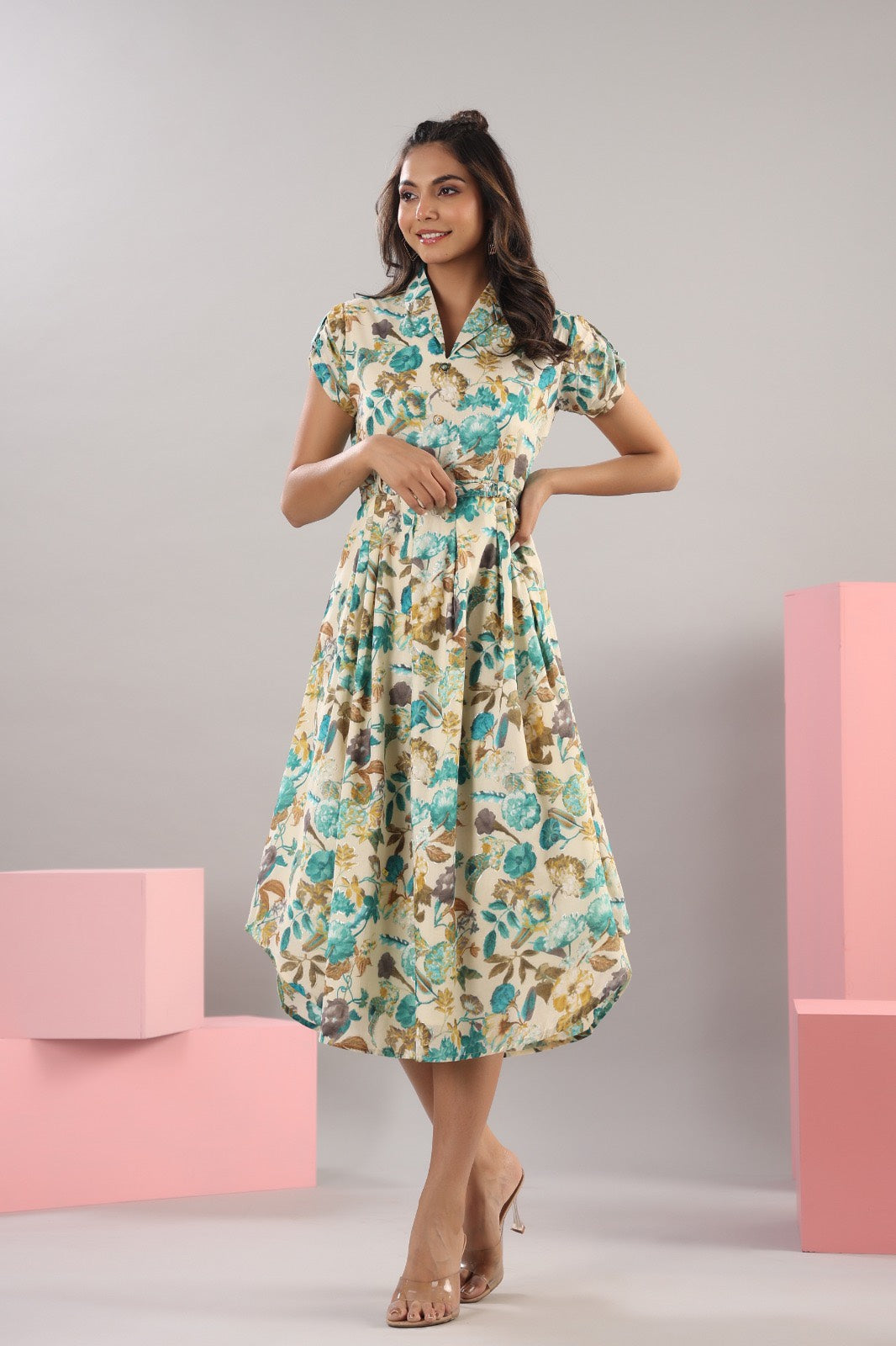 Flower Bouquet  On Cotton Midi Dress