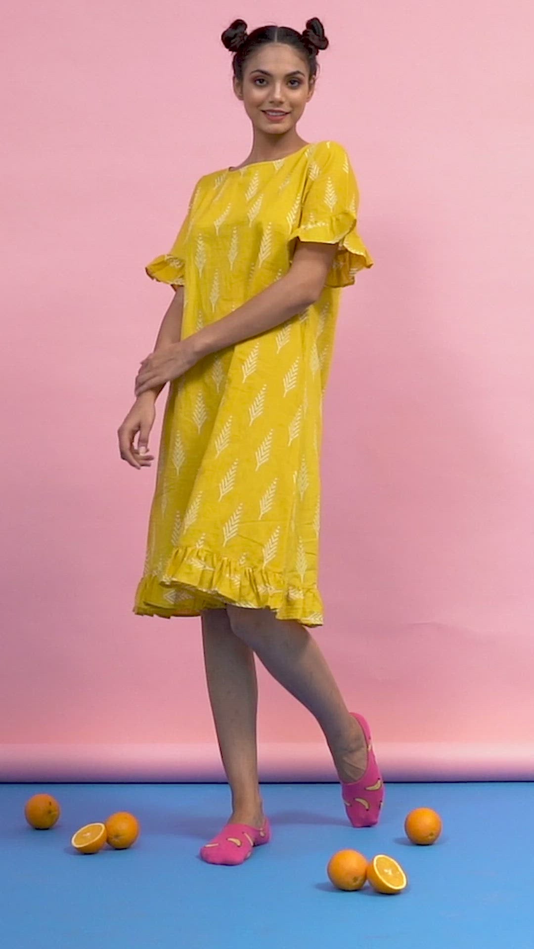Tropical Leaves on Yellow T-Shirt Dress