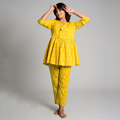 Ikat Flowers on Yellow Peplum Loungewear JISORA
