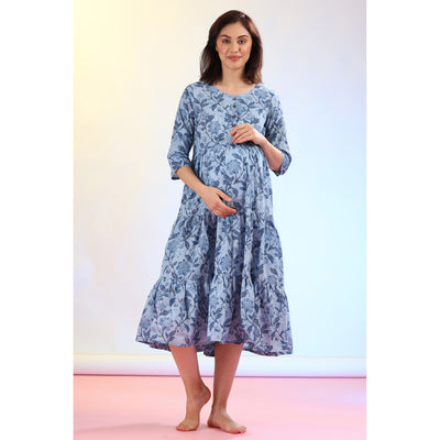 Gardenia on Blue Feeding Maternity Midi Dress