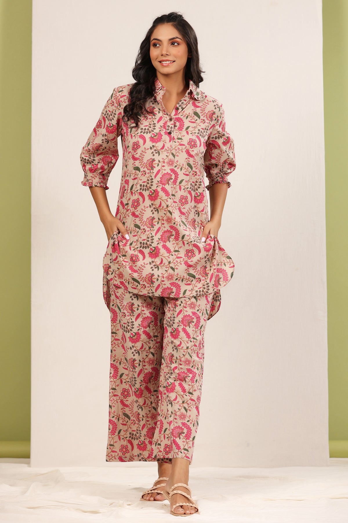 Floral Jaal on Beige Palazzo Loungewear Set