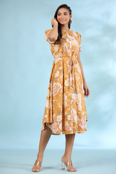 Rose Meadow on Mustard Silk Midi Dress