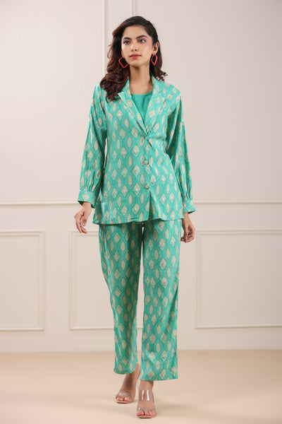 Abstract Daabu on Turquoise Silk Co-ord Set