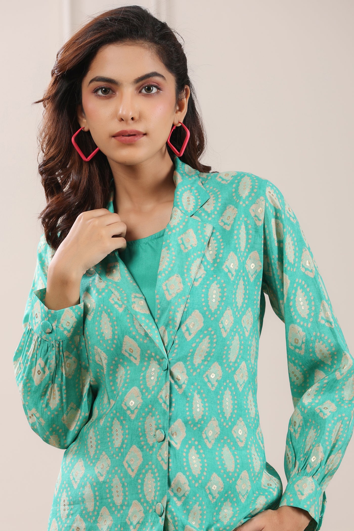 Abstract Daabu on Turquoise Silk Co-ord Set