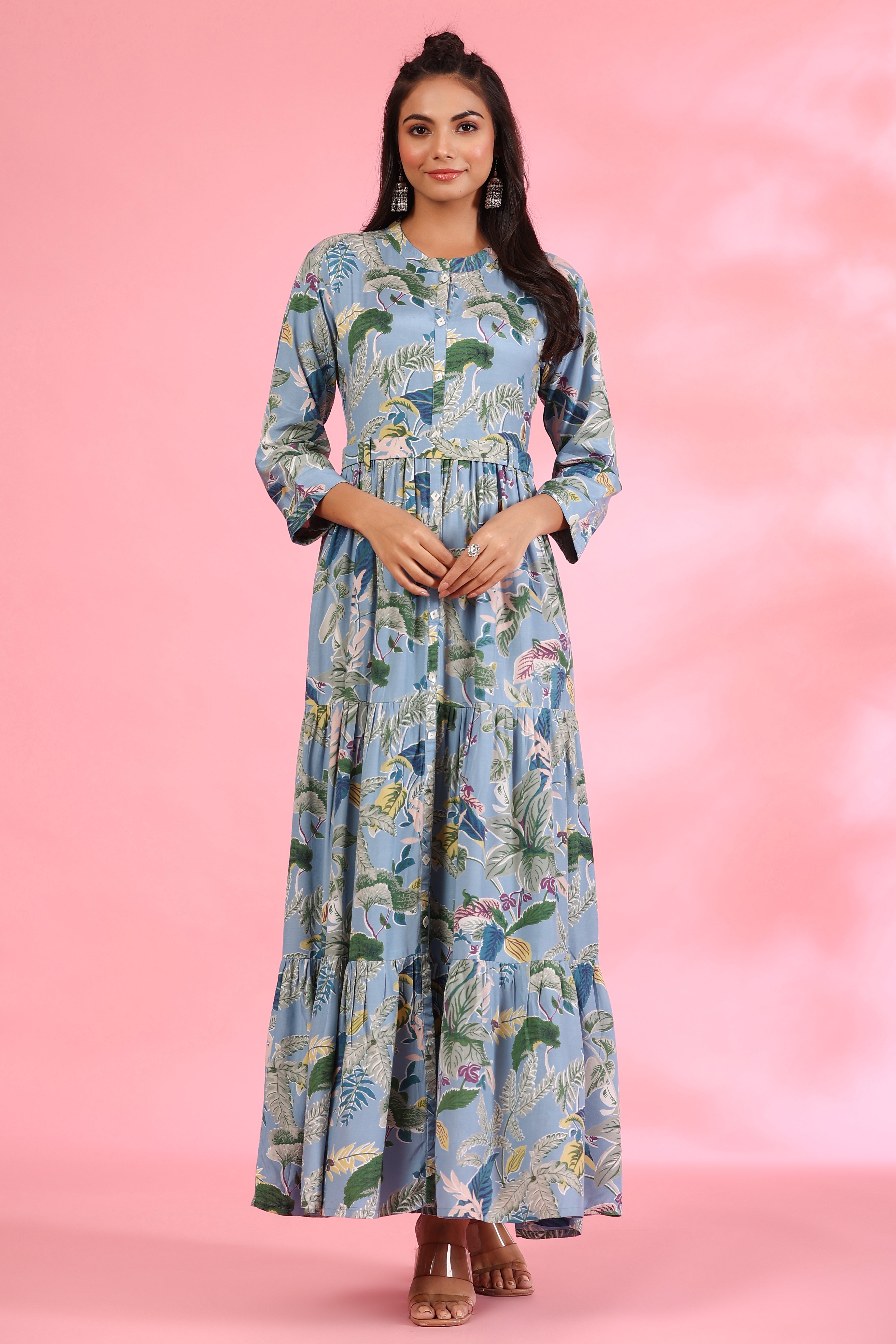 Light Blue Amber On Silk Maxi Dress