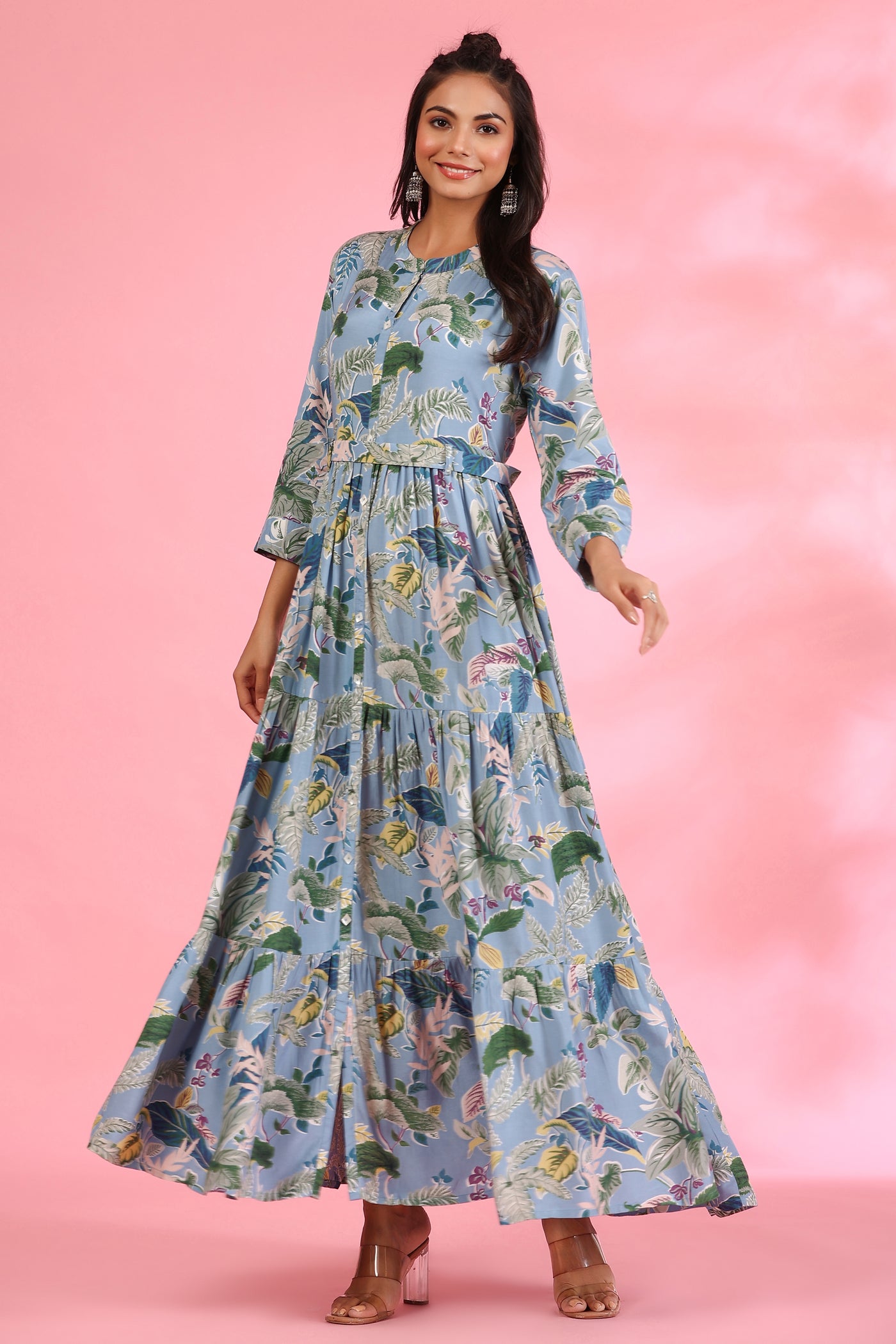 Light Blue Amber On Silk Maxi Dress