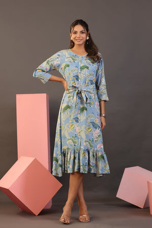Palm Leaves on Light Blue Midi Cotton Dress