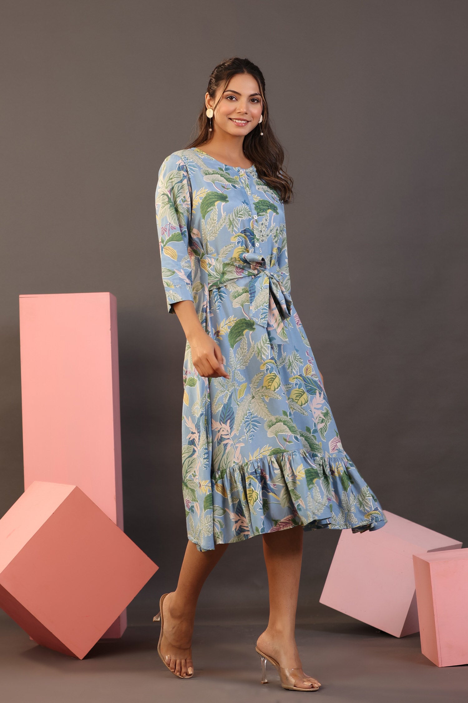 Palm Leaves on Light Blue MIDI Dress