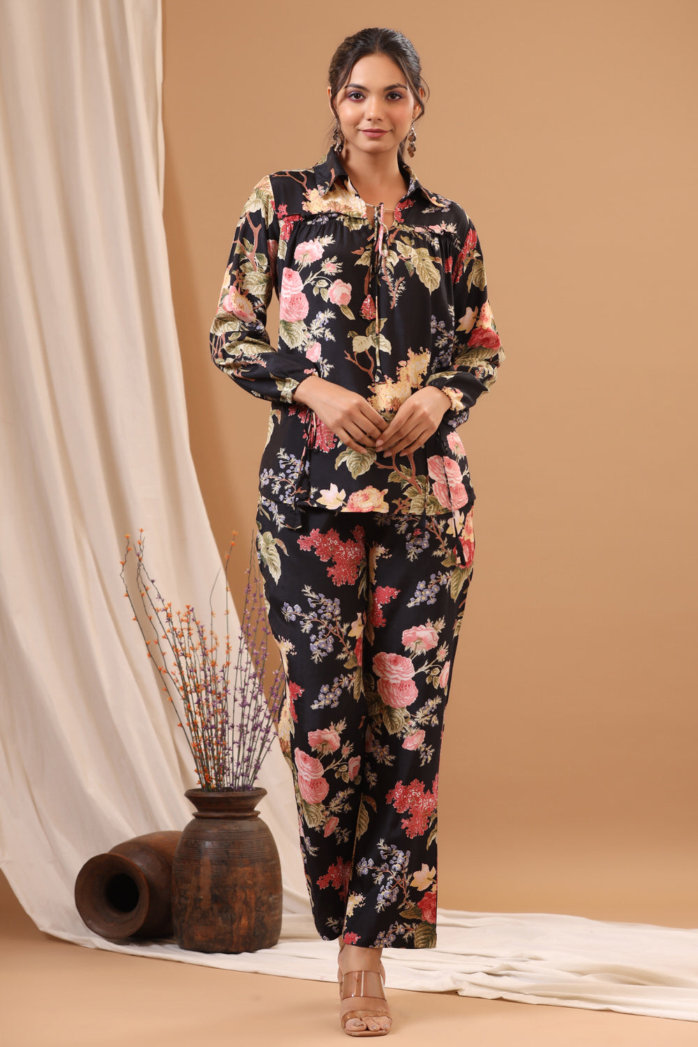 Black Floral on Russian silk Co-ord Set