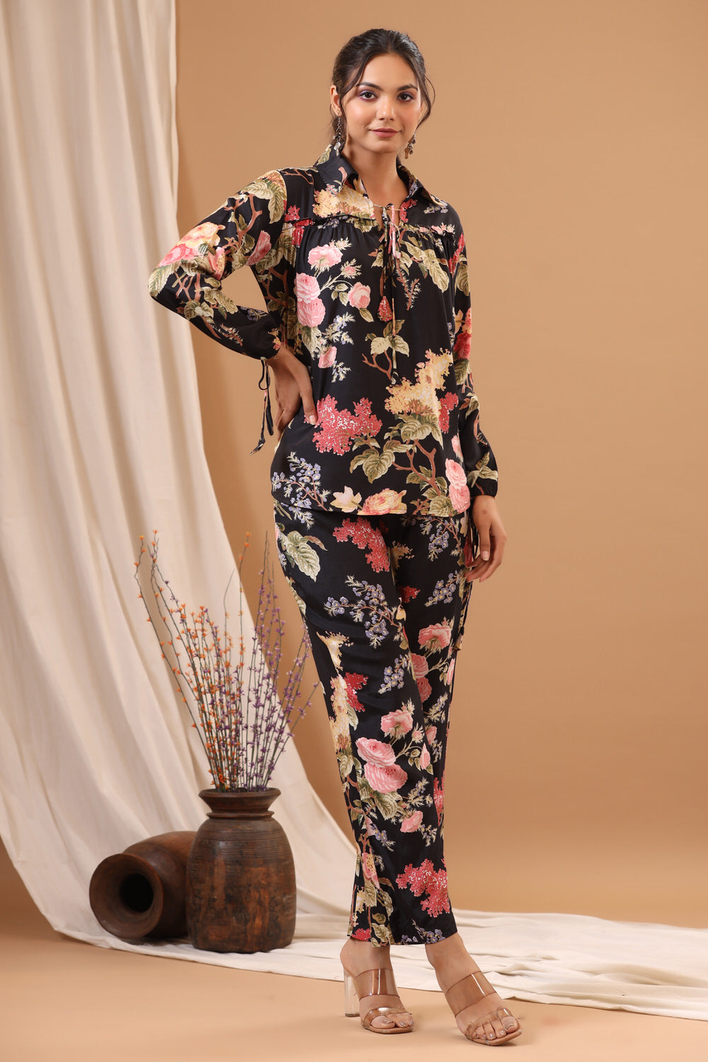 Black Floral on Russian silk Co-ord Set
