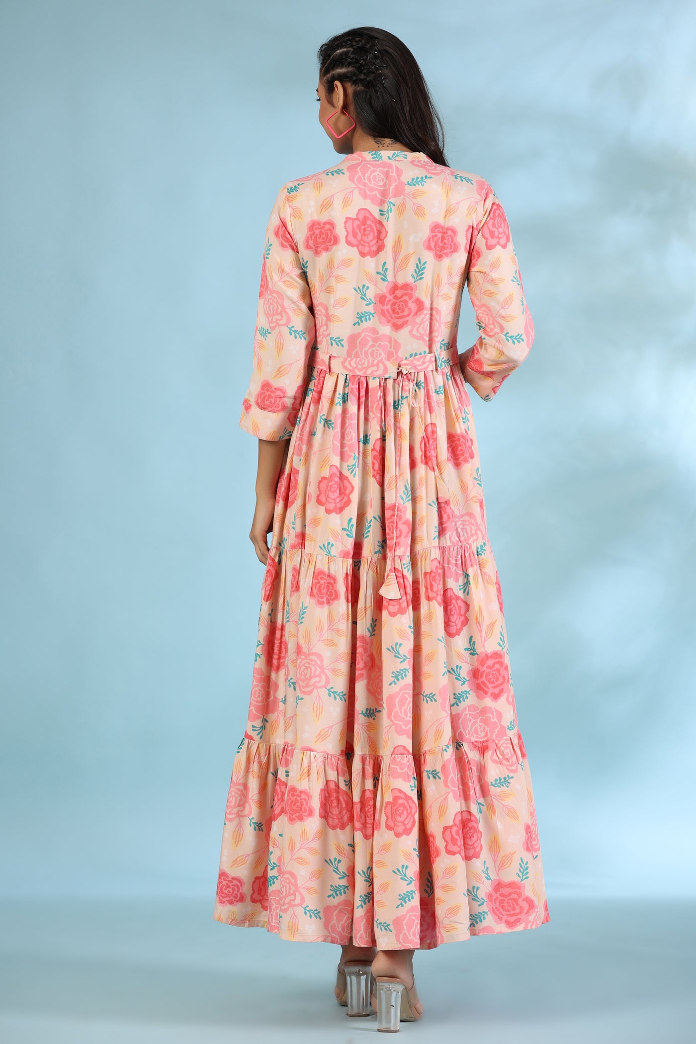Bloomed Roses On Peach Silk Maxi Dress