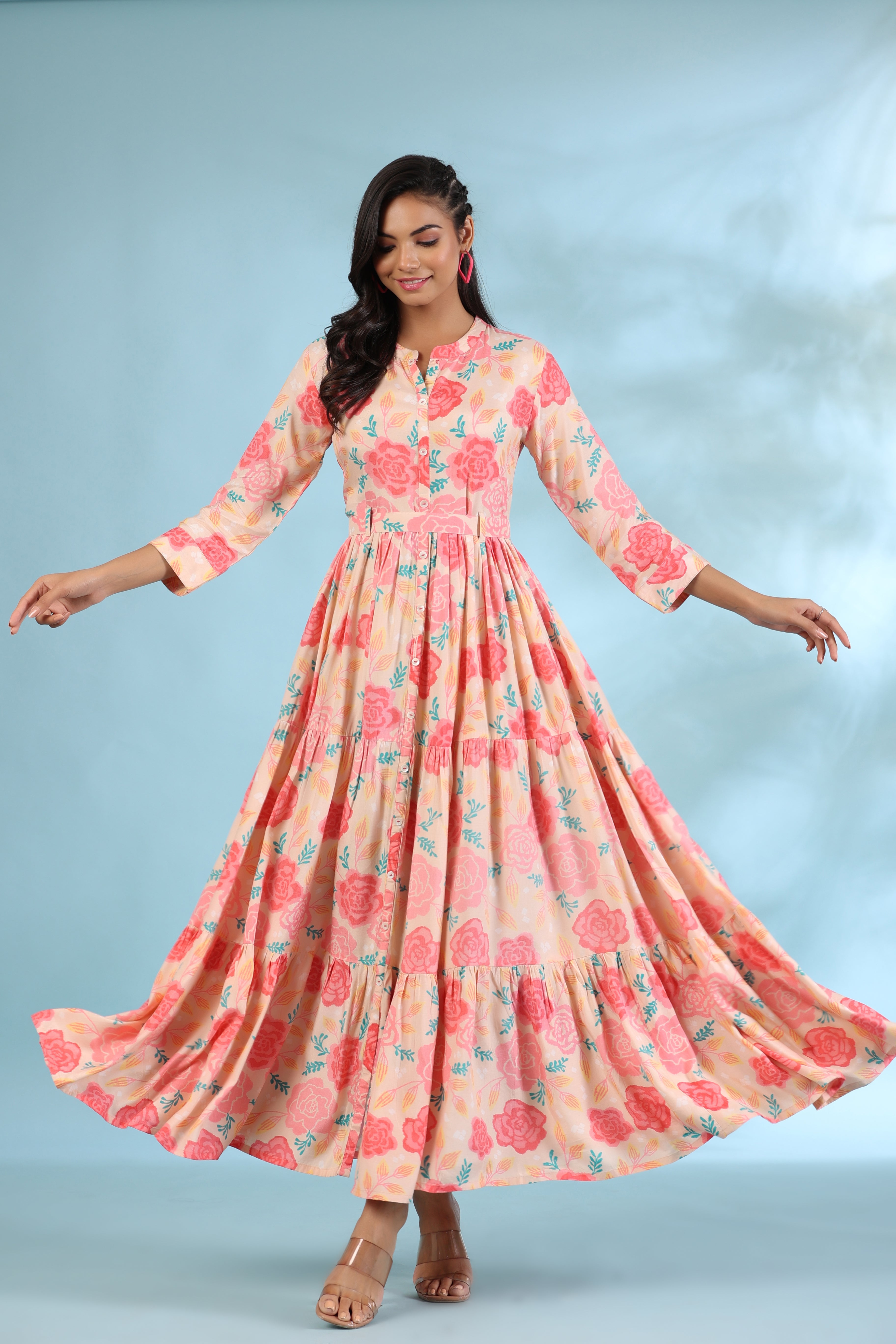 Bloomed Roses On Peach Silk Maxi Dress