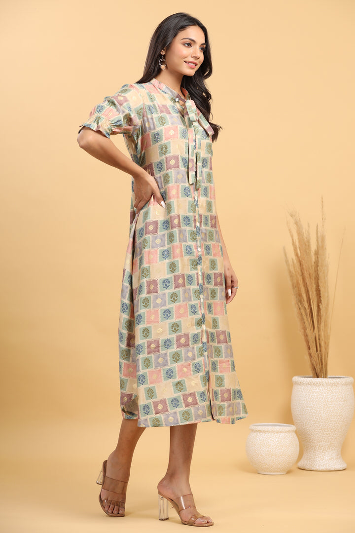 Multicolored Checkered Silk Midi Dress