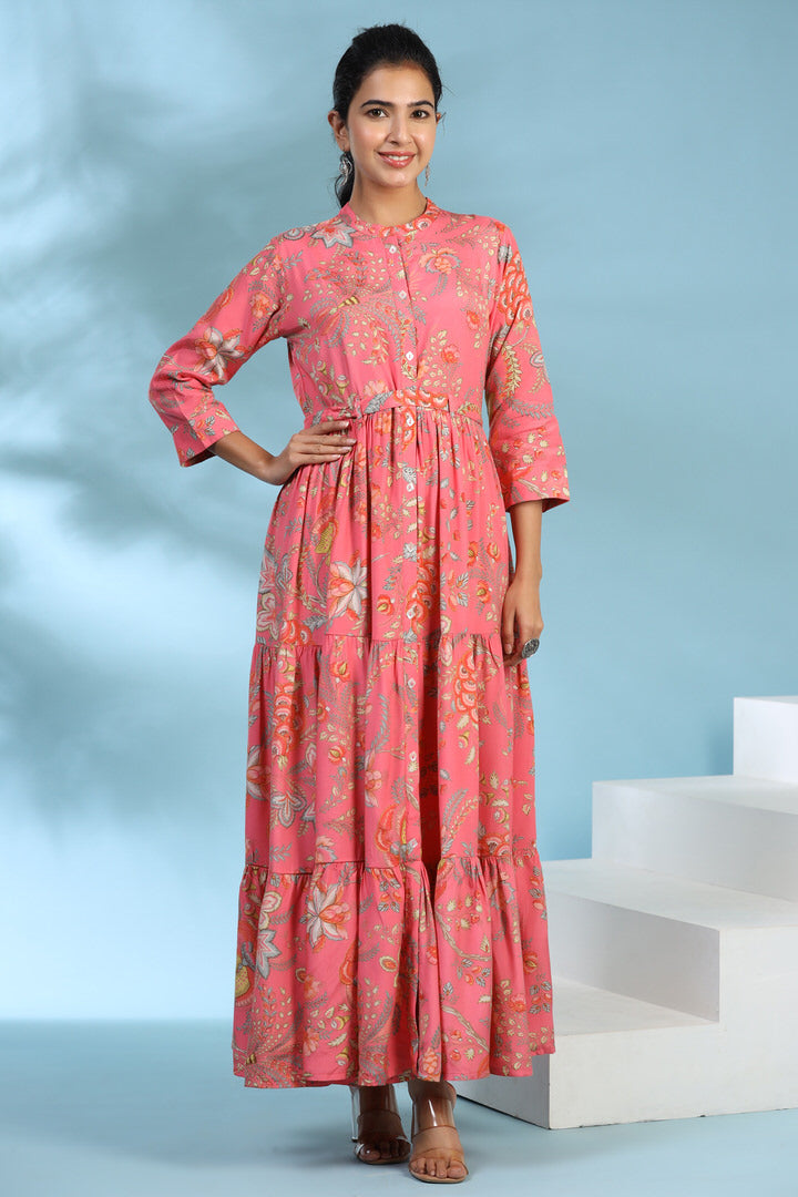 Vintage Bloom on Pink Silk Maxi Dress