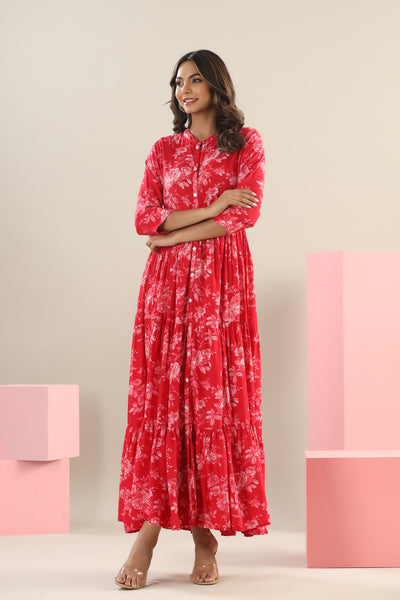 Rosette on Red Silk Tier Dress