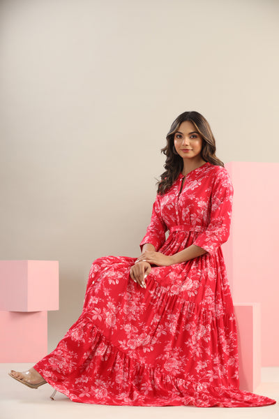 Rosette on Red Silk Tier Dress
