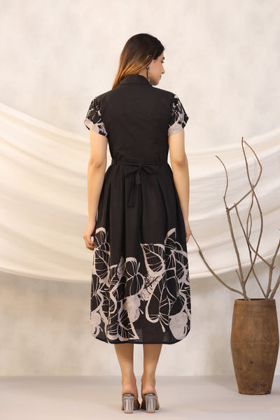 Leaf Mystery on Black Cotton MIDI Dress