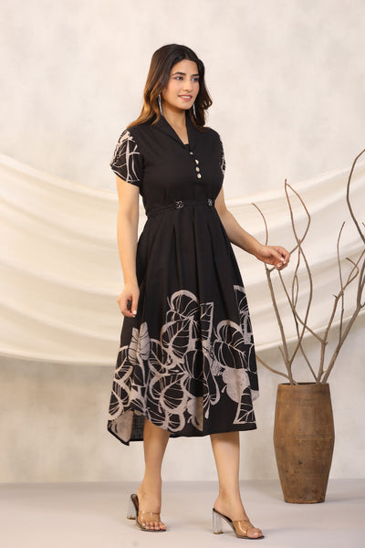 Leaf Mystery on Black Cotton MIDI Dress