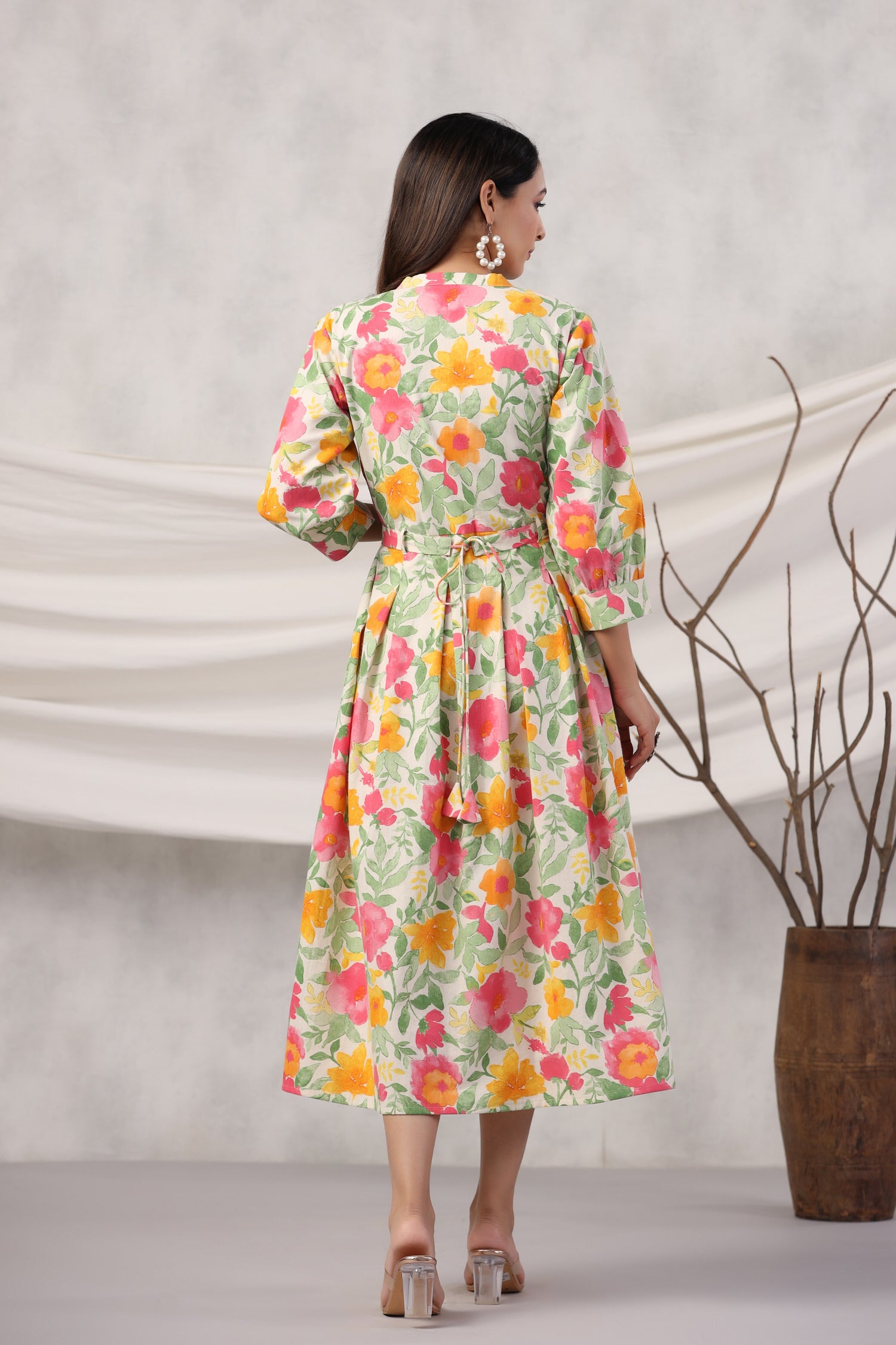 Floral Canopy on Off White Cotton Flex Midi Dress