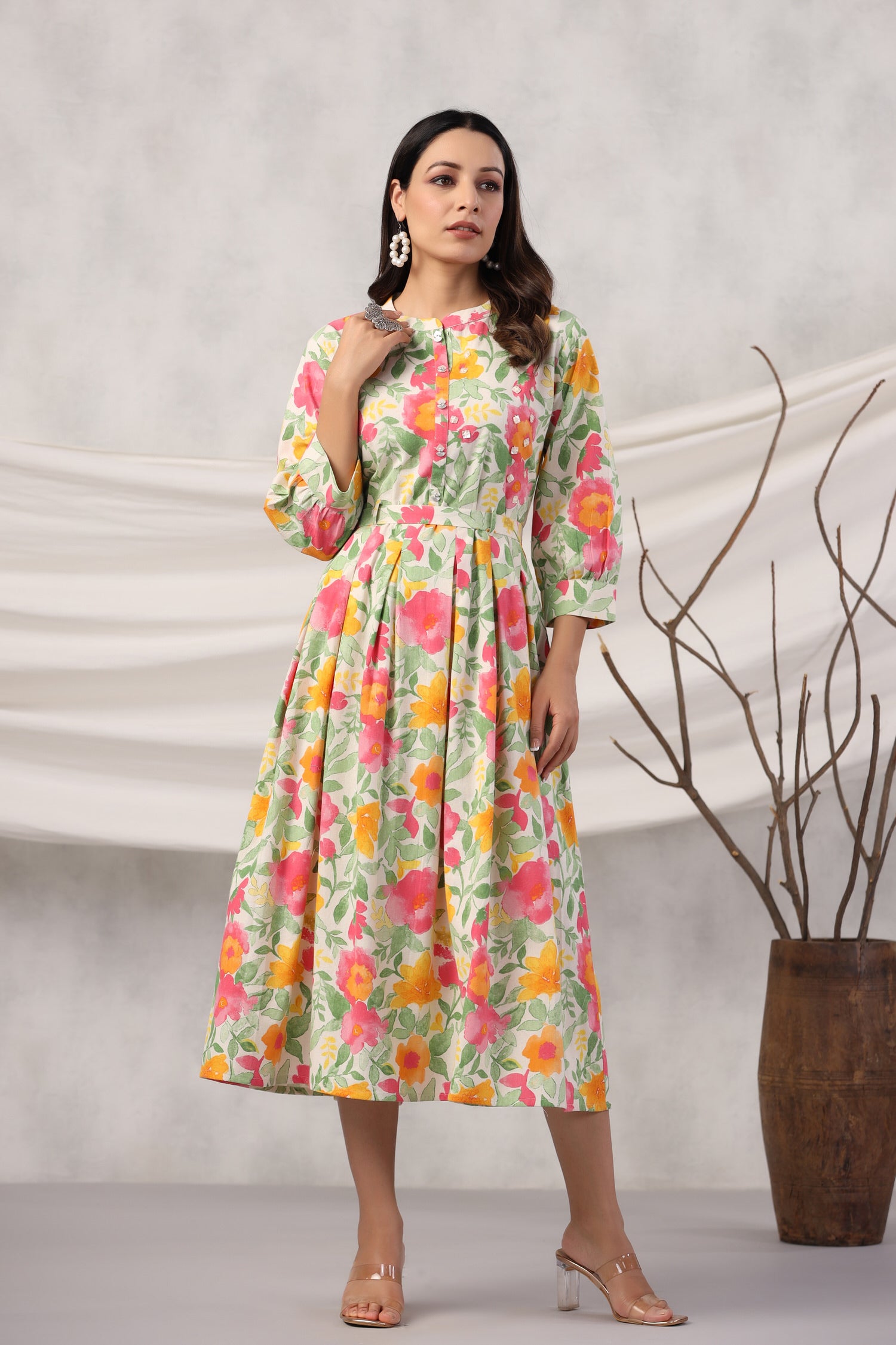 Floral Canopy on Off White Cotton Flex Midi Dress