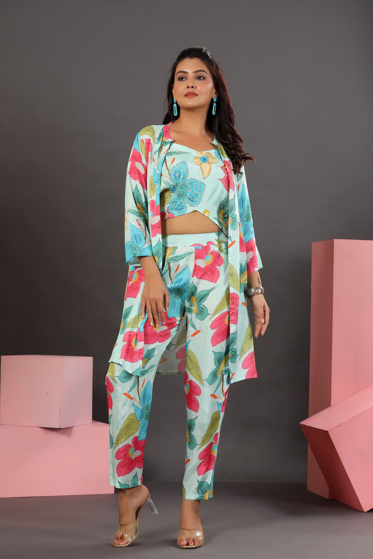 Floral Lagoon Three Piece Silk Co-ord Set