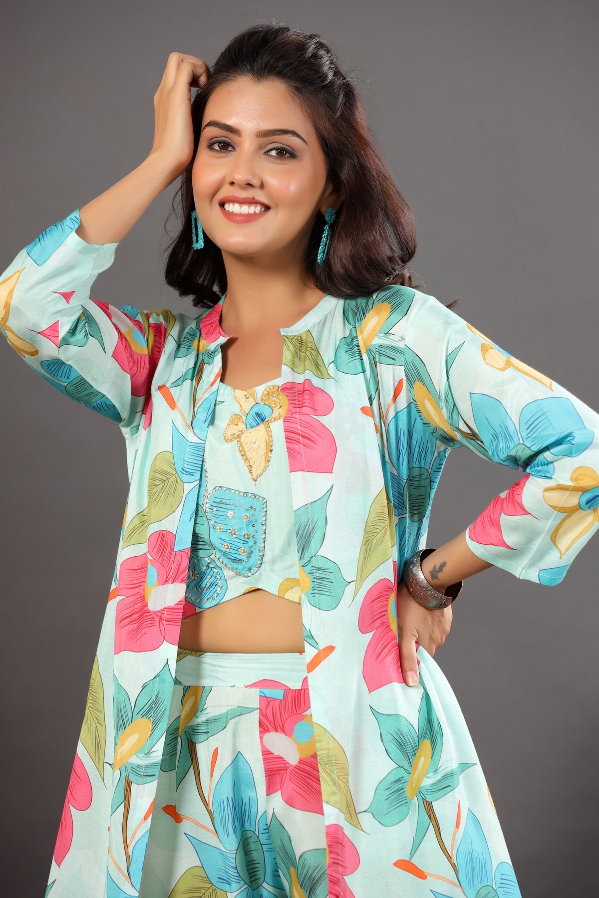 Floral Lagoon Three Piece Silk Co-ord Set