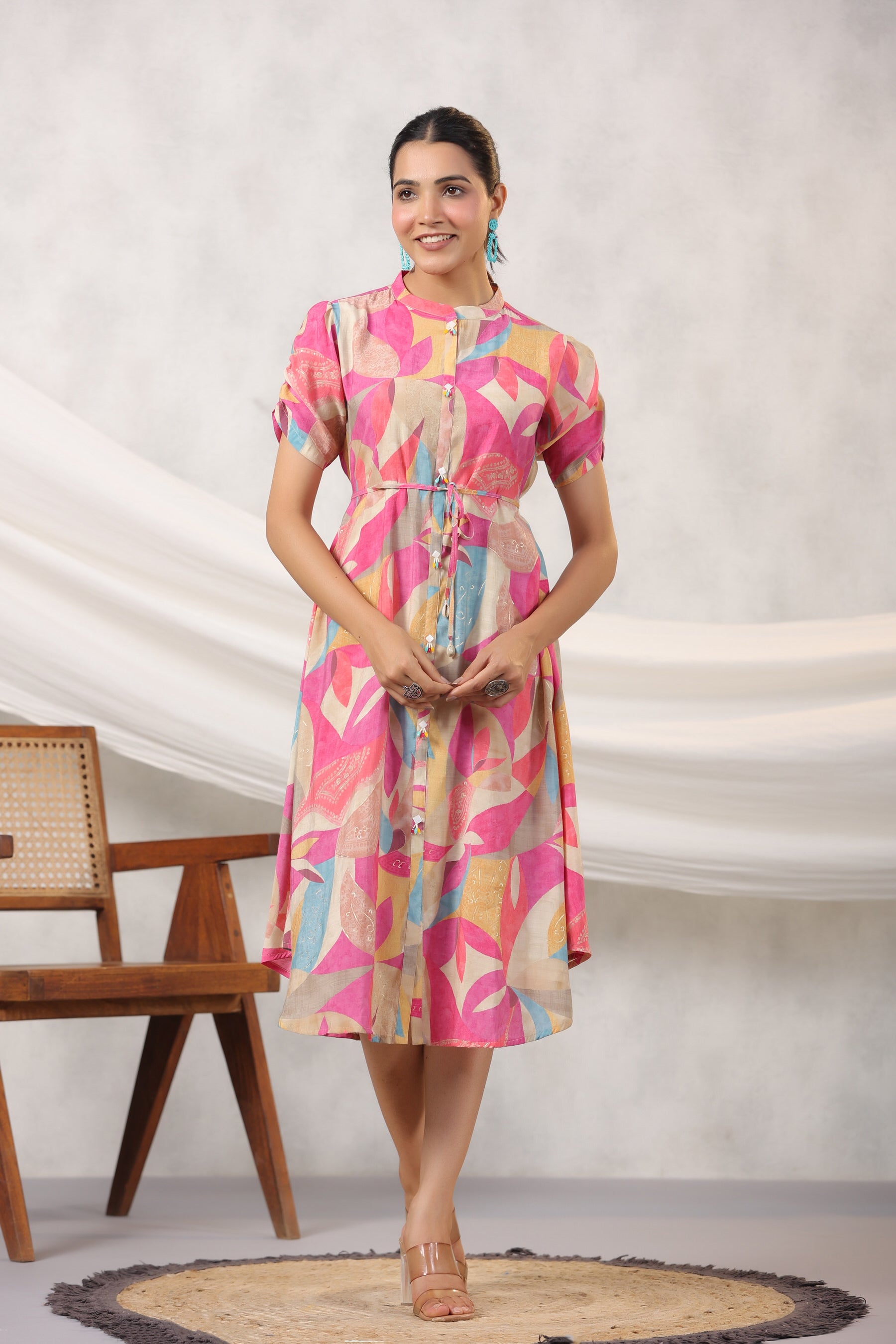 Pink Abstract Art on Midi Silk Dress