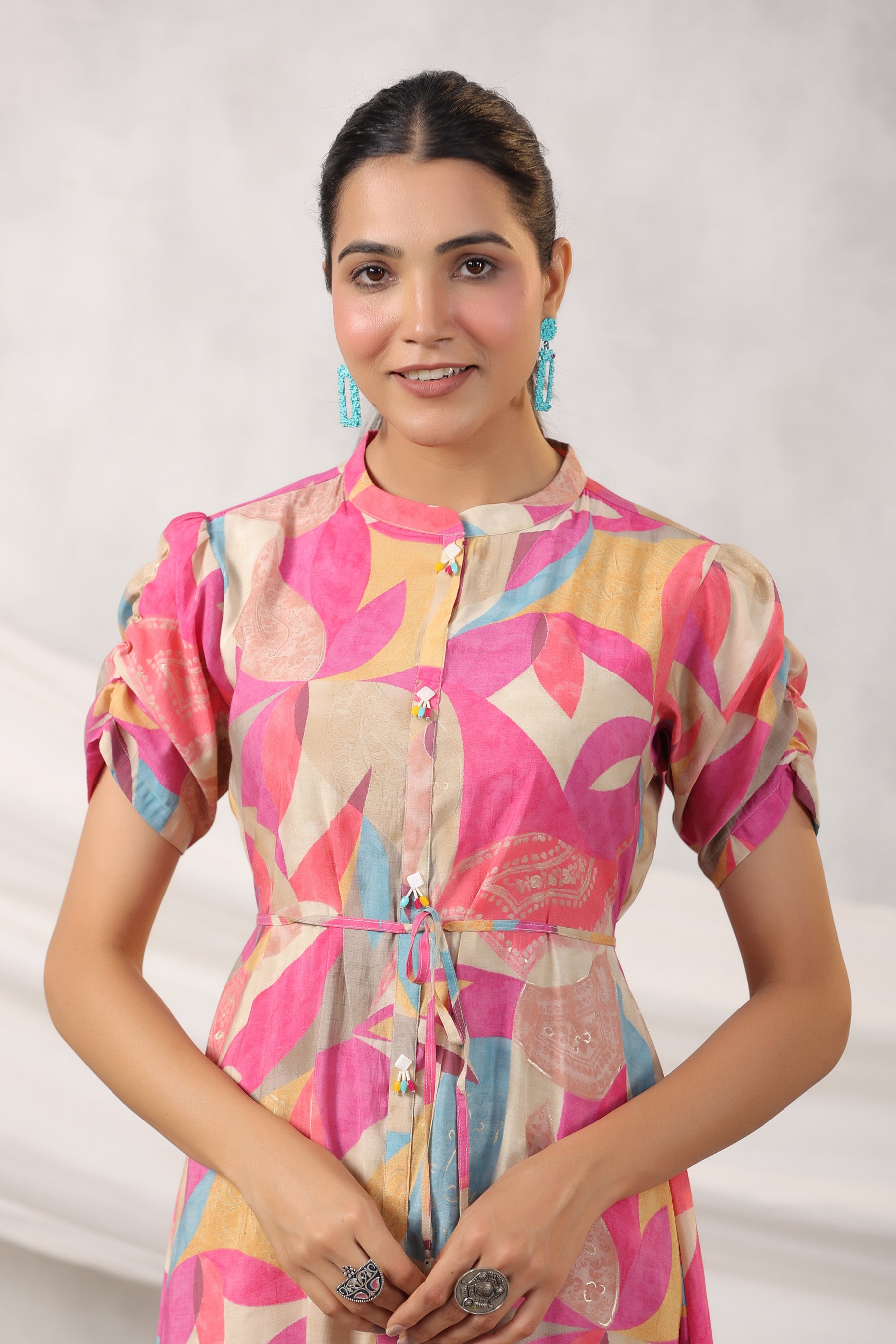 Pink Abstract Art on Midi Silk Dress