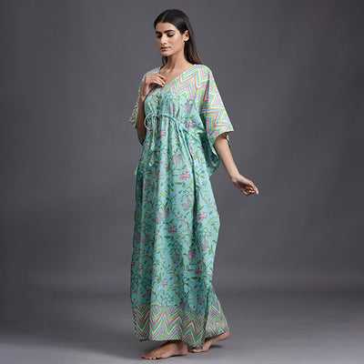 Floral Mosaic On Pastel Blue Kaftan JISORA