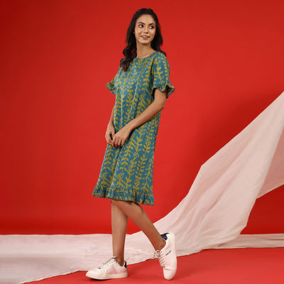 Flowing Leaves on Green T-Shirt Dress