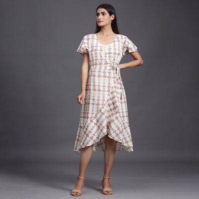 Meadow With Striped Inner on White Wrap-around Dress Jisora Jaipur
