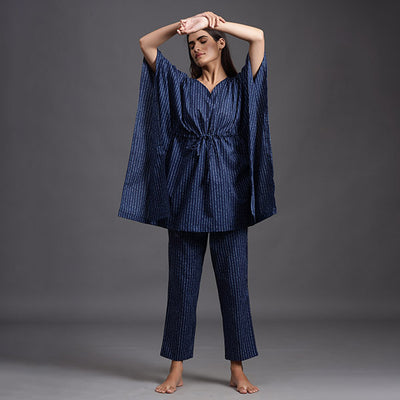 Polka Dots On Blue Kaftan Pyjama JISORA