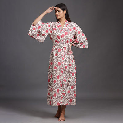Hibiscus Mosaic On Pink Kimono Robe Jisora Jaipur