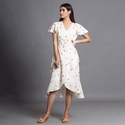 Floret With Mandala Strip on White Wrap-around Dress Jisora Jaipur